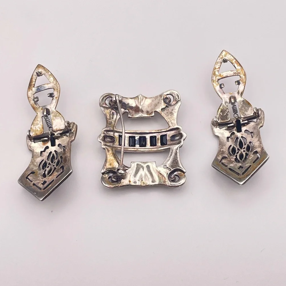 Vintage Art Deco Convertible Sterling Brooch Duette Dress Clip Set Black Crystal
